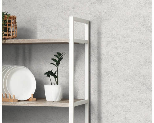 Vliesbehang met pleisterlook op een muur achter een stellingkast met borden en een plant.