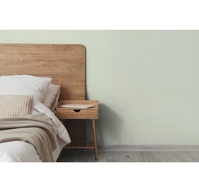 Moderne slaapkamer met een lichtgroene muur, houten hoofdbord en houten nachtkastje.