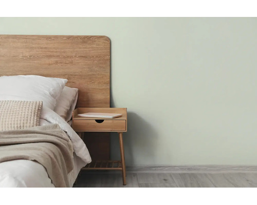 Moderne slaapkamer met een lichtgroene muur, houten hoofdbord en houten nachtkastje.