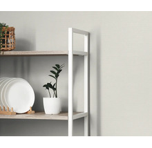 Modern opbergrek met wit frame en houten planken, ingericht met servies en kamerplanten.