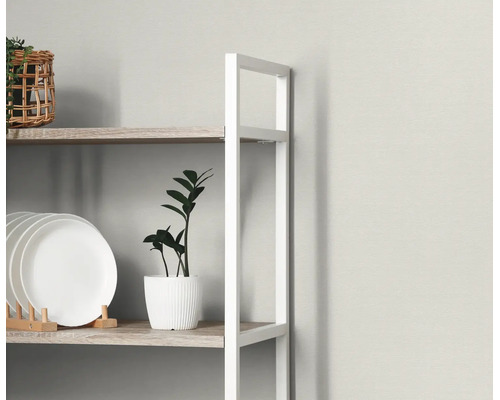 Modern opbergrek met wit frame en houten planken, ingericht met servies en kamerplanten.