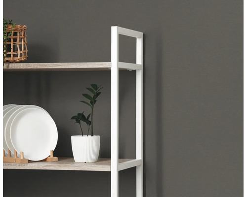 Modern rek met wit metalen frame en planken in houtlook, gedecoreerd met witte borden en een kamerplant.