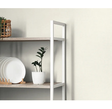 Open kast met houten planken en wit metalen frame, gedecoreerd met borden, kamerplanten en een rieten mand.