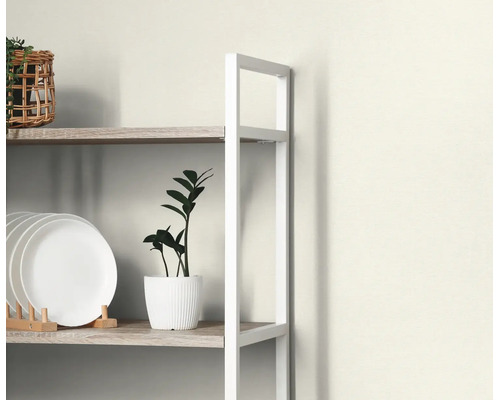 Open kast met houten planken en wit metalen frame, gedecoreerd met borden, kamerplanten en een rieten mand.