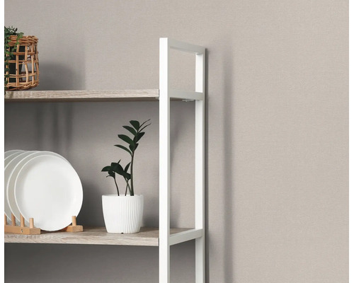 Houten rek met wit metalen frame, gedecoreerd met witte borden en een kamerplant.