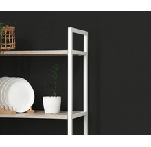 Modern rek met wit metalen frame en lichte houten planken, gedecoreerd met borden en planten tegen een donkere muur.
