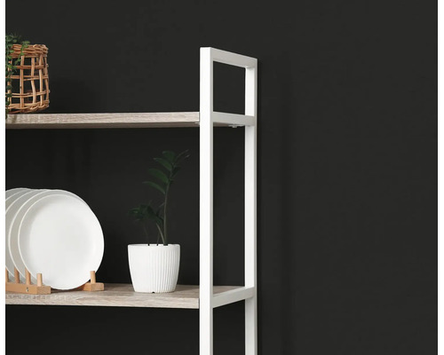 Modern rek met wit metalen frame en lichte houten planken, gedecoreerd met borden en planten tegen een donkere muur.