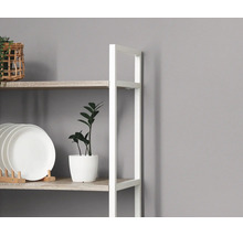 Detailopname van een wandrek met wit metalen frame en lichte houten planken, gedecoreerd met borden en een kamerplant.