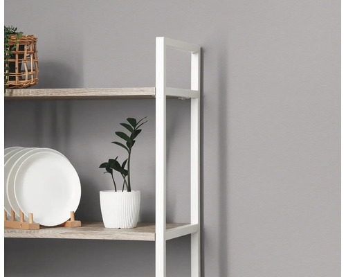 Detailopname van een wandrek met wit metalen frame en lichte houten planken, gedecoreerd met borden en een kamerplant.