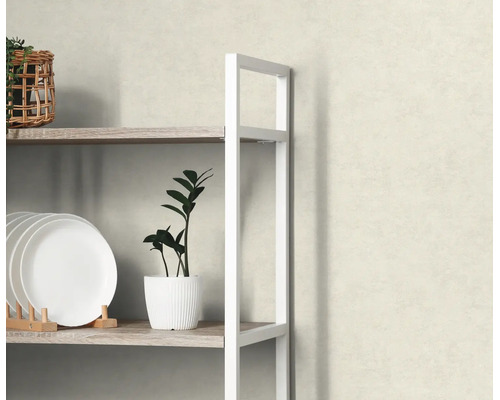 Vliesbehang met gestructureerd oppervlak in een lichte kamer achter een plank met planten en borden.