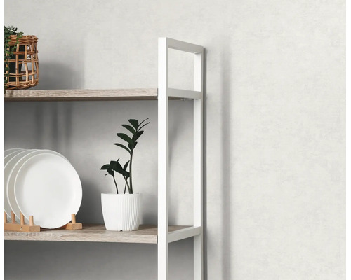 Moderne stellingkast met wit metalen frame en legplanken in houtlook, gedecoreerd met borden en kamerplanten.