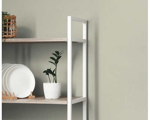 Modern staand rek met houten planken en wit metalen frame, voorzien van borden en een kamerplant.