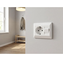 Combinatie van randaarde stopcontact en lichtschakelaar op een lichte muur in een moderne, lichte kamer met een houten vloer.
