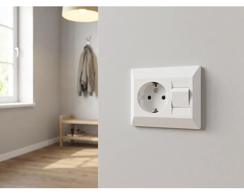 Combinatie van randaarde stopcontact en lichtschakelaar op een lichte muur in een moderne, lichte kamer met een houten vloer.