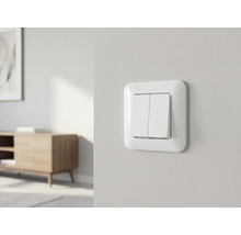 Witte dubbele lichtschakelaar op een lichte muur in een lichte, modern en georganiseerd ingerichte kamer.