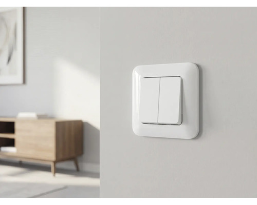 Witte dubbele lichtschakelaar op een lichte muur in een lichte, modern en georganiseerd ingerichte kamer.