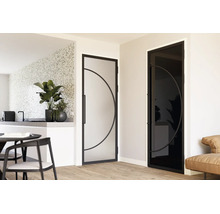 Moderne glazen deuren met zwart metalen frame en boogontwerp in een lichte kamer, één met matglas en één met getint glas.