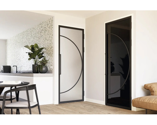 Moderne glazen deuren met zwart metalen frame en boogontwerp in een lichte kamer, één met matglas en één met getint glas.