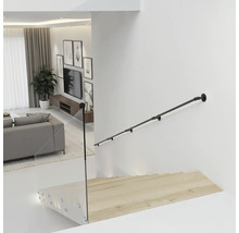 Zwarte metalen trapleuning in industriële stijl aan een witte muur boven een houten trap met glazen balustrade in een moderne woonkamer.