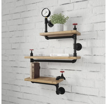 Wandplank in industrieel design van hout en zwarte metalen buizen met decoratieve manometer en rode ventielen aan een witte bakstenen muur.