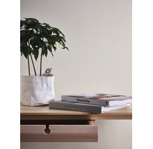 Licht behang met een subtiele structuur in een modern ingerichte kamer met houten meubels en kamerplant.