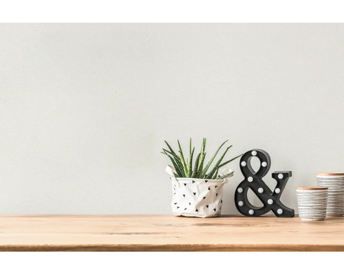Moderne interieurdecoratie met aloë vera in een patroonpot, LED-ampersand en keramische potten op een houten oppervlak.