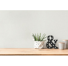 Structuurbehang op een wand achter een houten tafel met een plant en decoratieve items.