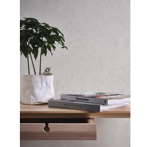 Getextureerd vliesbehang met pleisterlook in een lichte kamer met houten bureau en kamerplant.