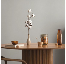Interieurvoorbeeld met een katoentak in een vaas op een ronde houten tafel met geribbelde voet, voorraadpotten en een glazen fles.
