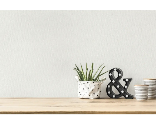 Behang met textuur in een lichte, moderne kamer achter een houten plank met een kleine plant, een ampersand en potjes.