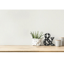 Moderne woondecoratie op een houten tafel met een succulent, een zwarte ampersand lamp en gestreepte keramische potten.