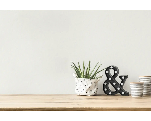 Moderne woondecoratie op een houten tafel met een succulent, een zwarte ampersand lamp en gestreepte keramische potten.