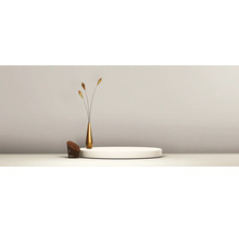 Minimalistische inrichting met een rond wit podium, een slanke gouden vaas met decoratieve stelen en een klein gevlochten element.