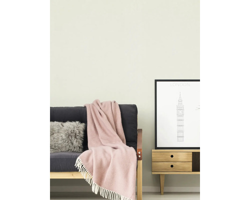Licht geschilderde muur in een woonkamer met een donkere bank, een roze wollen deken met franjes en een houten dressoir met een poster van Londen.