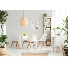 Lichte, modern ingerichte eetkamer met witte tafel, stoelen met houten poten, grote gevlochten hanglamp, witte kast en kamerplanten.