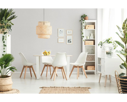 Lichte, modern ingerichte eetkamer met witte tafel, stoelen met houten poten, grote gevlochten hanglamp, witte kast en kamerplanten.