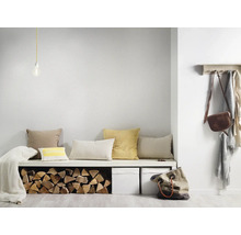 Lichte minimalistische hal met een witte bank, diverse kussens, een opslag voor haardhout, twee witte boxen en een houten kapstok.