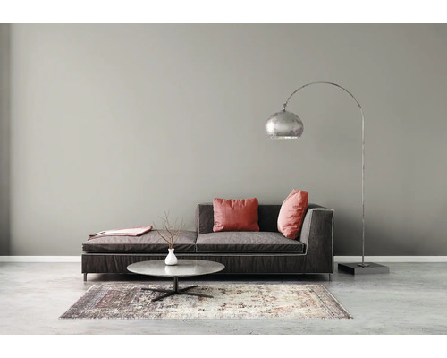 Moderne woonkamer met grijze muurverf, donkere bank met rode kussens, ronde salontafel, gedessineerd tapijt en een boogvloerlamp.