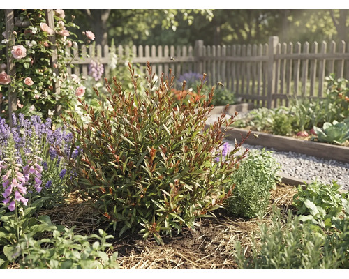 Lichte, georganiseerde tuin met een roodgroene struik in het midden, omringd door lavendel, rozen en een houten hekwerk.
