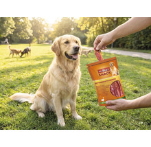 Een Golden Retriever zit op een grasveld en krijgt een Mr. Beef Snack eendenborststrip uit de verpakking gevoerd.