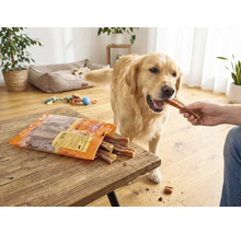 Een Golden Retriever in een lichte woonkamer krijgt een Mr. Beef snack uit de hand. De verpakking ligt op een houten tafel.