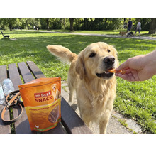 "Een Golden Retriever krijgt Mr. Beef Snack kipfiletstrips in een park