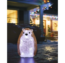 Staande egel van acryl, koudwit verlicht, winterse buitenversiering in een besneeuwde tuin voor een verlicht huis.