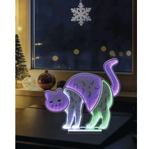 LED-decoratie kat met infinity-spiegel effect en meerkleurige verlichting, staand voor een raam in een kerstsetting.