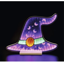 LED-halloweendecoratie in de vorm van een heksenhoed met infinity-effect, manen en sterren.
