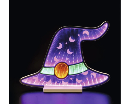 LED-halloweendecoratie in de vorm van een heksenhoed met infinity-effect, manen en sterren.
