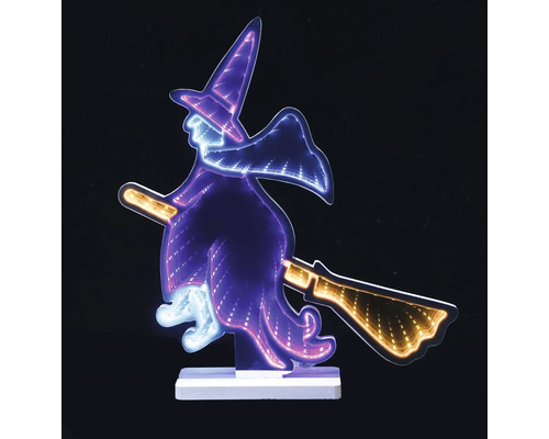 LED-halloweendecoratie heks op bezem met infinity-spiegeleffect, tafelmodel voor binnen.