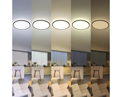 Ronde LED-plafondlamp in een moderne woonkamer met keuken, vijf kleurtemperaturen van koudwit tot warmwit instelbaar.