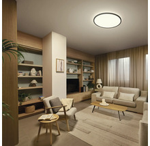 Lichte, georganiseerde woonkamer met ronde LED-plafondlamp, bank, houten planken, salontafel en vloerkleed.