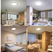 Vier woonruimtes met moderne platte led-plafondlampen in ronde en vierkante vorm voor de keuken, woonkamer en slaapkamer.